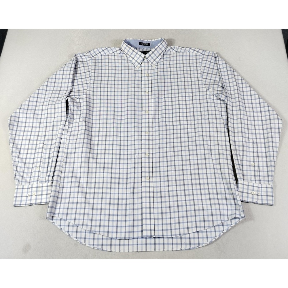 Chaps Dress Shirt Mens 17.5 36/37 Blue Check Classic Fit Wrinkle Free Office